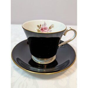 Vintage AYNSLEY Black Rose Teacup & Saucer